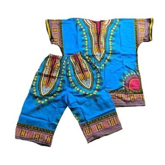 Unisex One Size African Dashiki Shirt & Capri Pants 2pc. Set Blue, Pink, Yellow - Picture 3 of 7